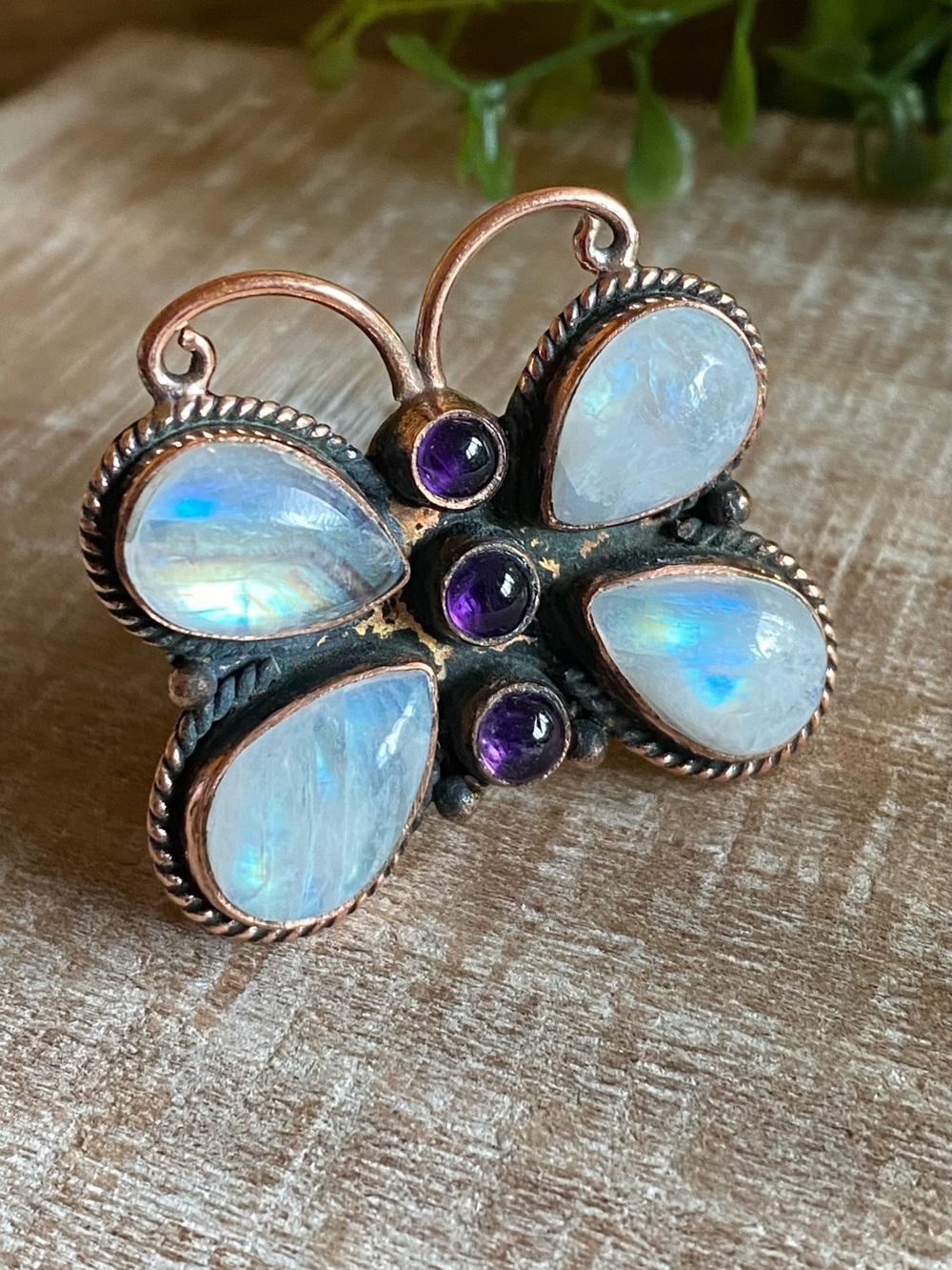 R52 Moonstone/Amethyst multi-stone copper butterfly ring | size: Adjustable - Picture 1 of 9